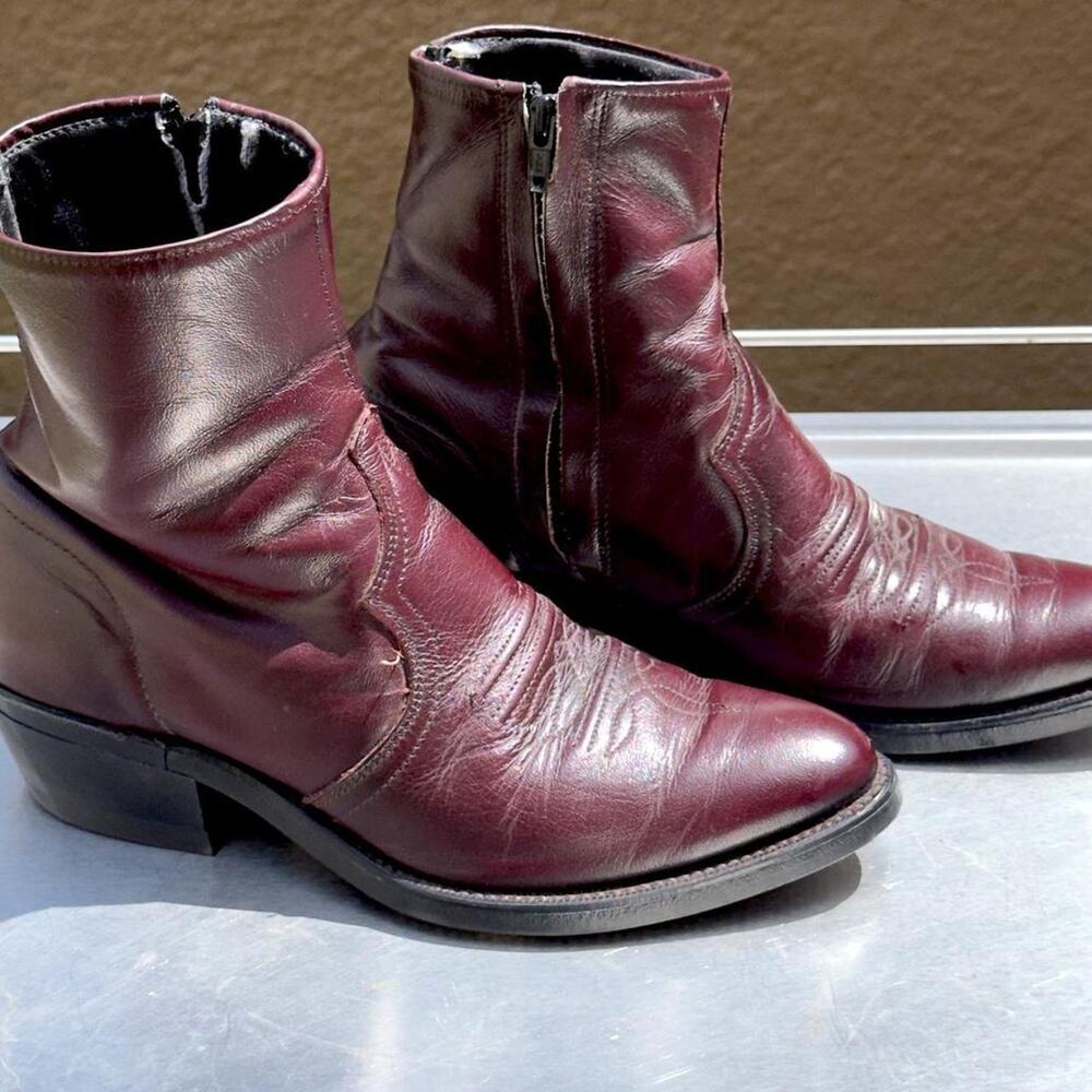 Burgundy Leather Zip Up Boots - Size 7